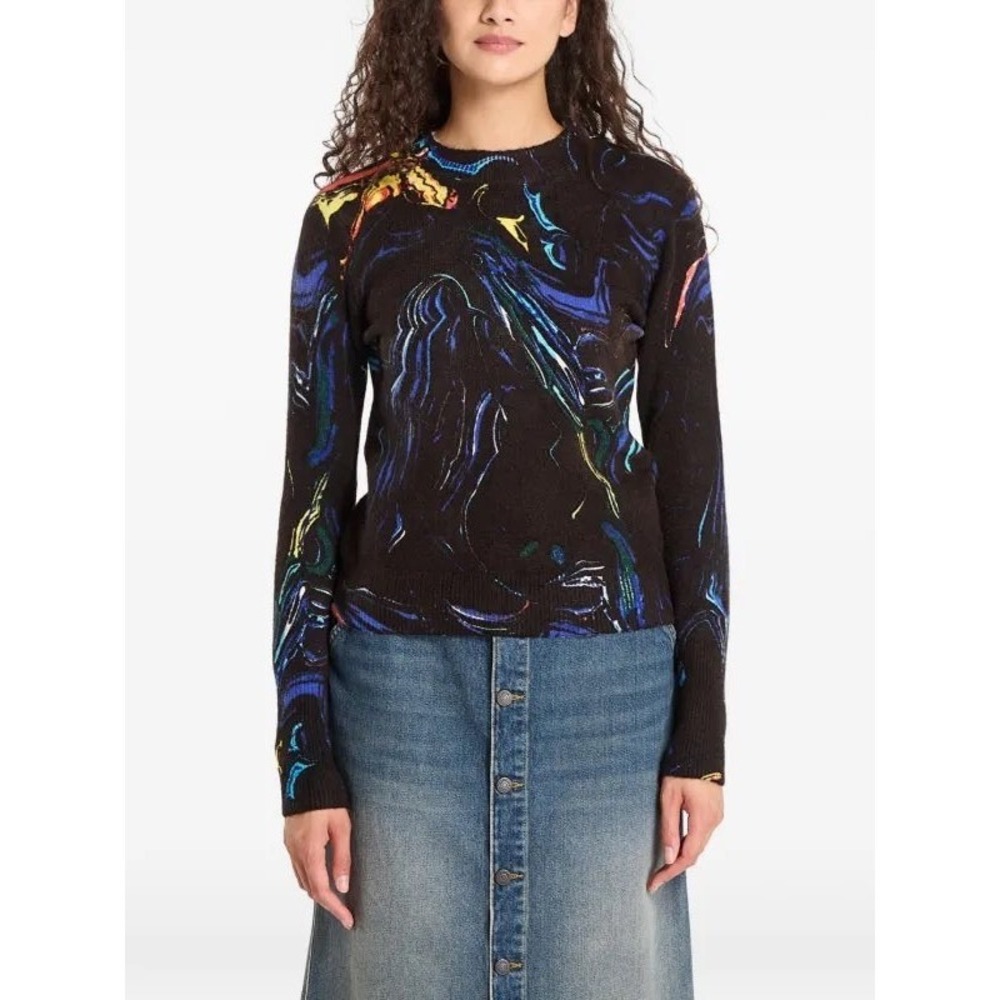 Desigual Womens Sweater Abstract Marble Print Black Multi Color Knit S